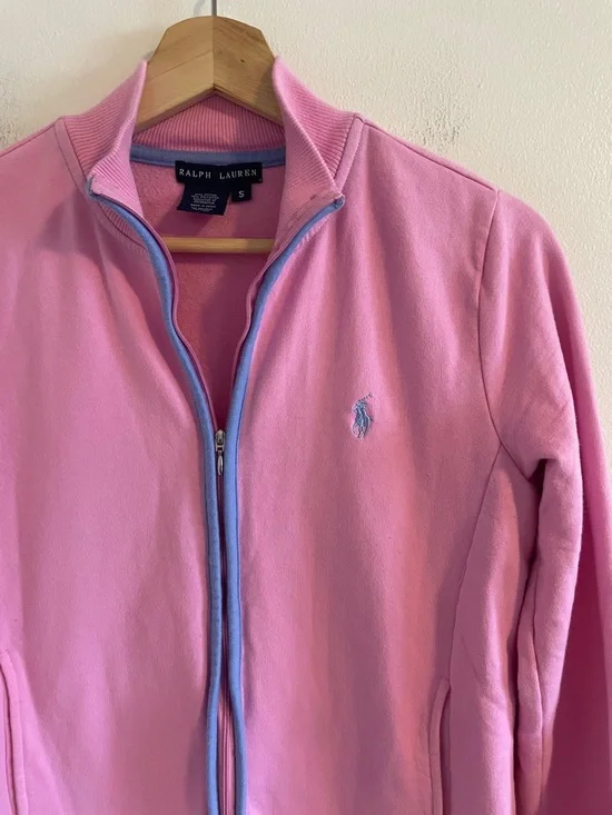 Ralph Lauren Logo Vintage Y2K Zip Up Sweatshirt Women Size Small Baby Pink Blue - Picture 2 of 6